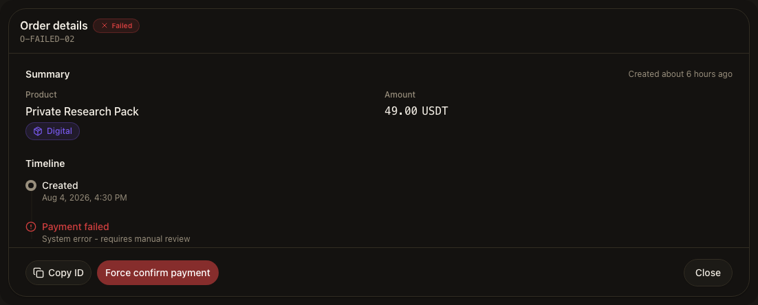 GramBase Admin order details showing the red Force confirm payment action for an eligible failed crypto-transfer order.