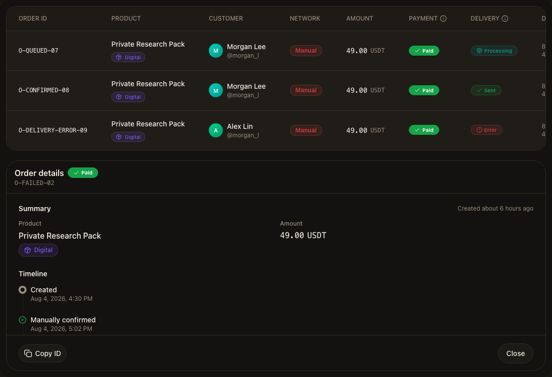 GramBase Admin Orders network column showing Manual for merchant-confirmed orders.
