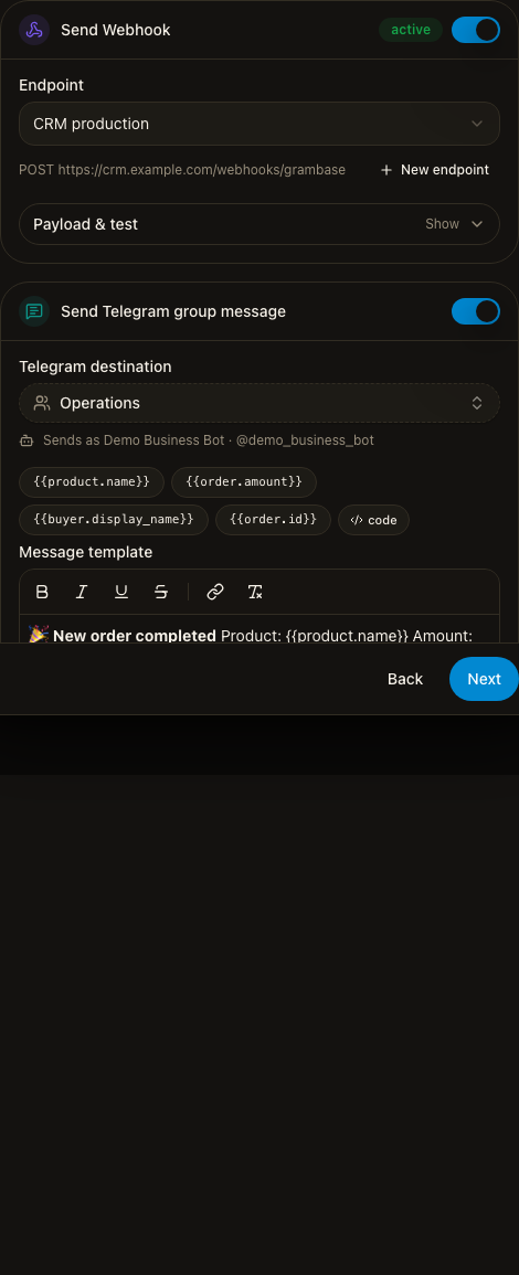 GramBase's two live actions, Send Webhook and Send Telegram group message, each an independent on/off card — a rule can use either, both, or neither.