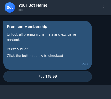 A product card as a buyer sees it inside the Telegram chat when shopping in Bot Menu mode, with a Pay button.