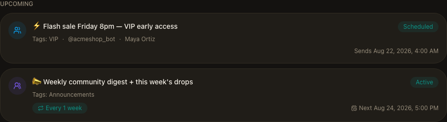 GramBase's Broadcast feed with a member broadcast and a group broadcast side by side under Upcoming.