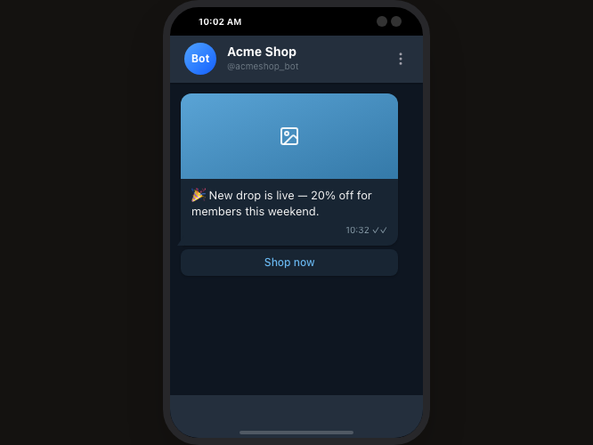 The confirm step's live preview of a broadcast exactly as the buyer will see it in Telegram, before it is sent.