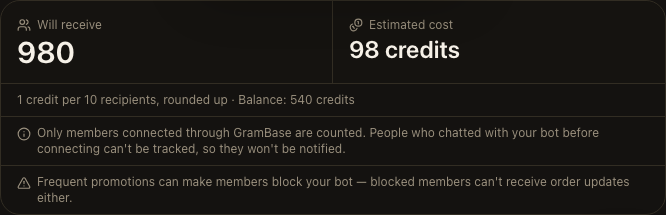GramBase's broadcast confirmation panel showing how many members will receive the message and the estimated credit cost before sending.
