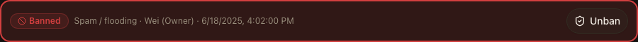 GramBase's banned-status card above a customer's profile: the reason, who banned them, when, and an Unban button.