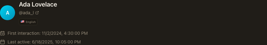 A GramBase customer profile: avatar, display name, username, language badge, first-interaction and last-active dates.