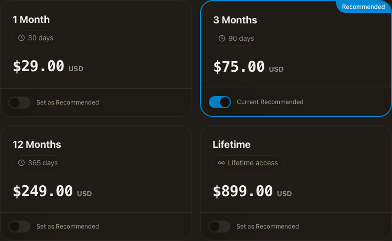 A Paid Community product's pricing tiers, each with its own duration and price, and one marked Recommended.