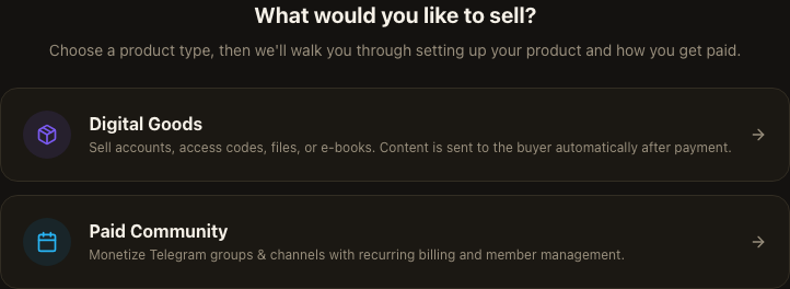 GramBase's Add Product type picker: Digital Goods (one-off delivery) versus Paid Community (recurring group access).