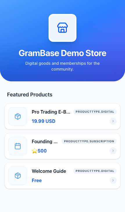 A buyer's view of a GramBase storefront inside the Telegram Mini App: store name and description, and a mixed list of fiat, Stars, and free products.