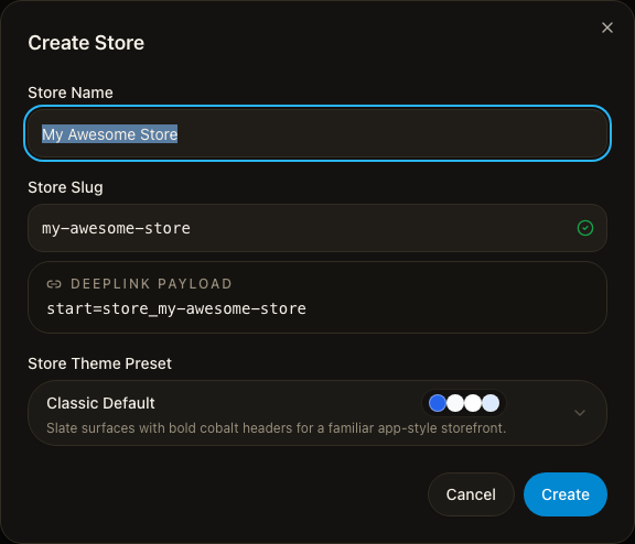 GramBase's Create Store dialog: name, slug with a live availability check, and a theme preset picker.