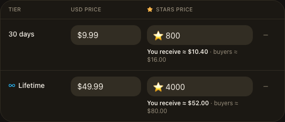 GramBase's subscription plans table: a 30-day tier and a Lifetime tier, each priced in USD and Telegram Stars.