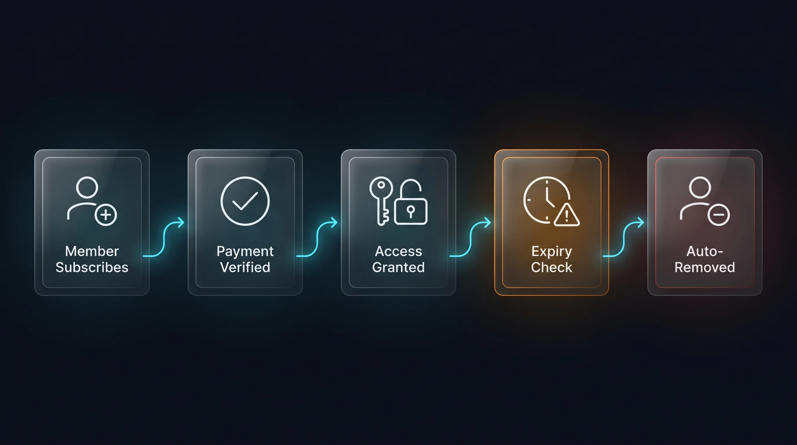 Subscription lifecycle: Member Subscribes, Payment Verified, Access Granted, Expiry Check, Auto-Removed