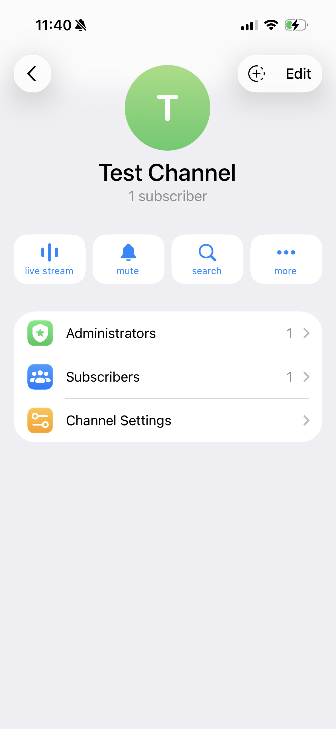 Channel settings — tap Administrators to add a bot