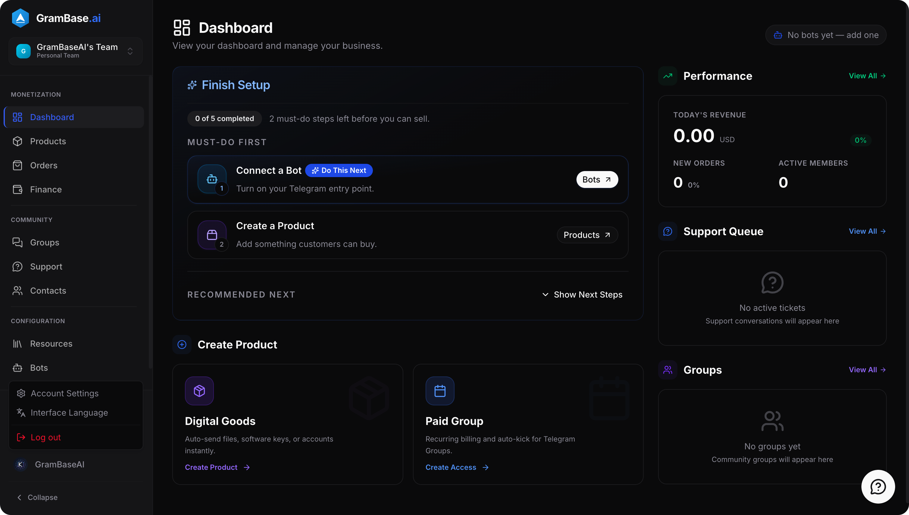GramBase dashboard — product creation with Digital Goods and Paid Group options, USDT payment support