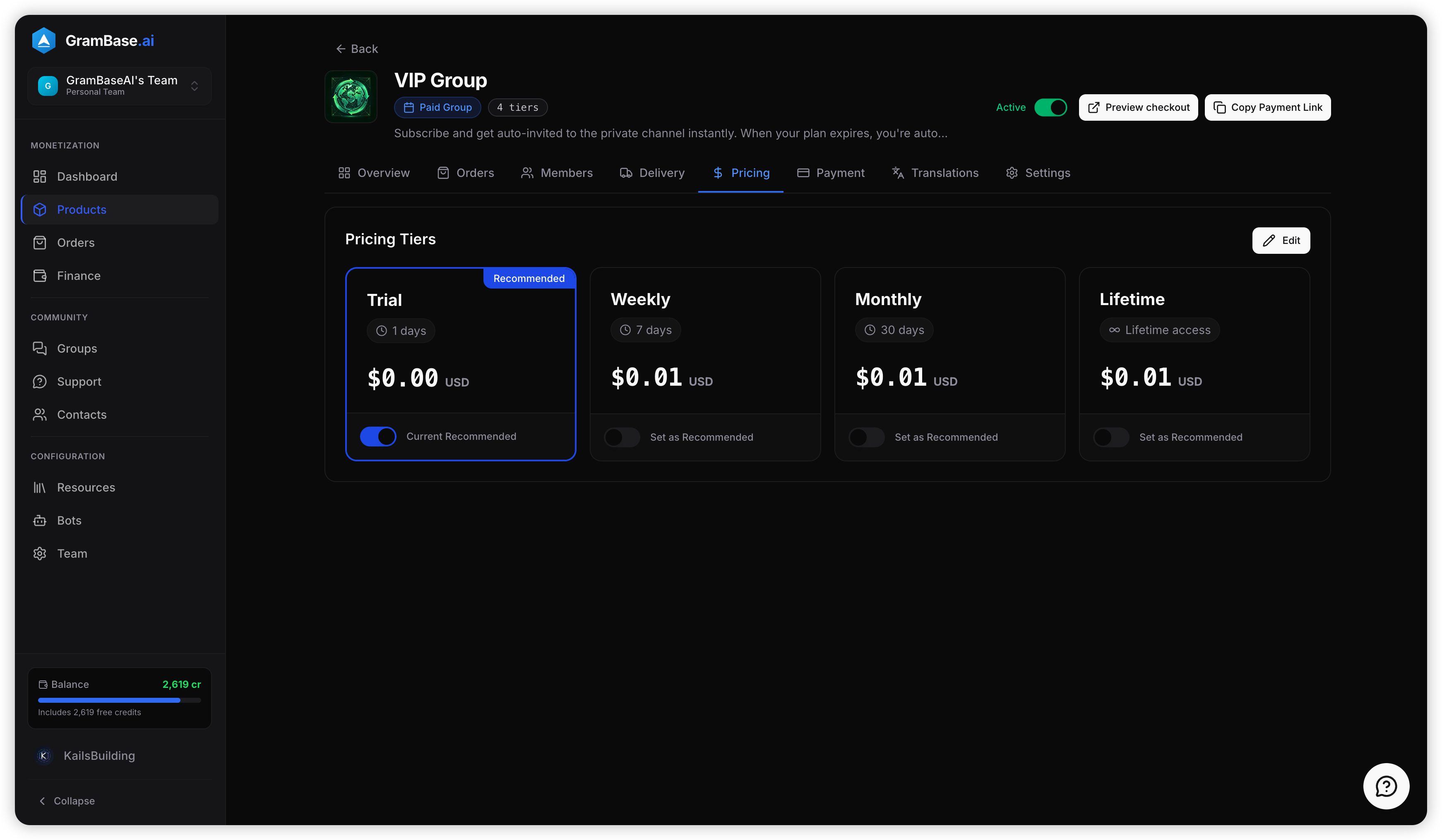 GramBase dashboard showing subscription pricing tiers for a paid Telegram group
