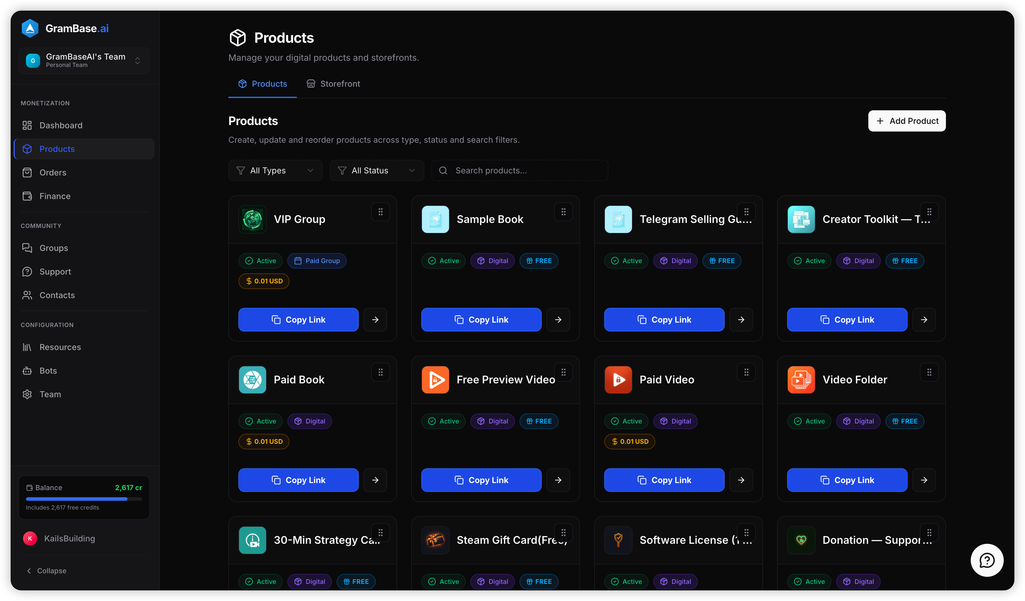 GramBase dashboard Products tab showing the Create Product form with title, price in USDT, and delivery type selector