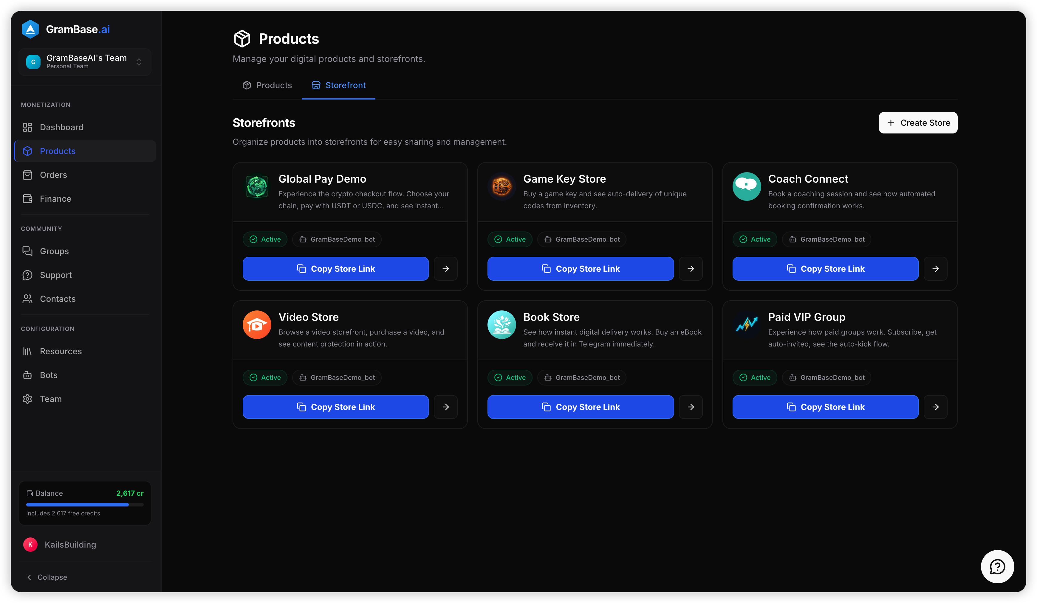 GramBase Storefront settings page showing slug configuration, product arrangement, and the preview of the Mini App store