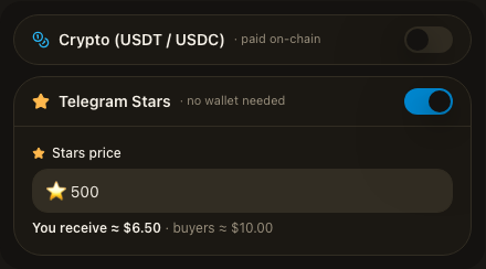 GramBase product pricing with a native 500 Stars amount and Crypto disabled