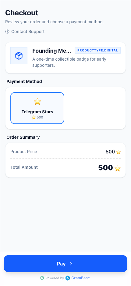 Buyer checkout showing a native 500 Telegram Stars total and Pay action