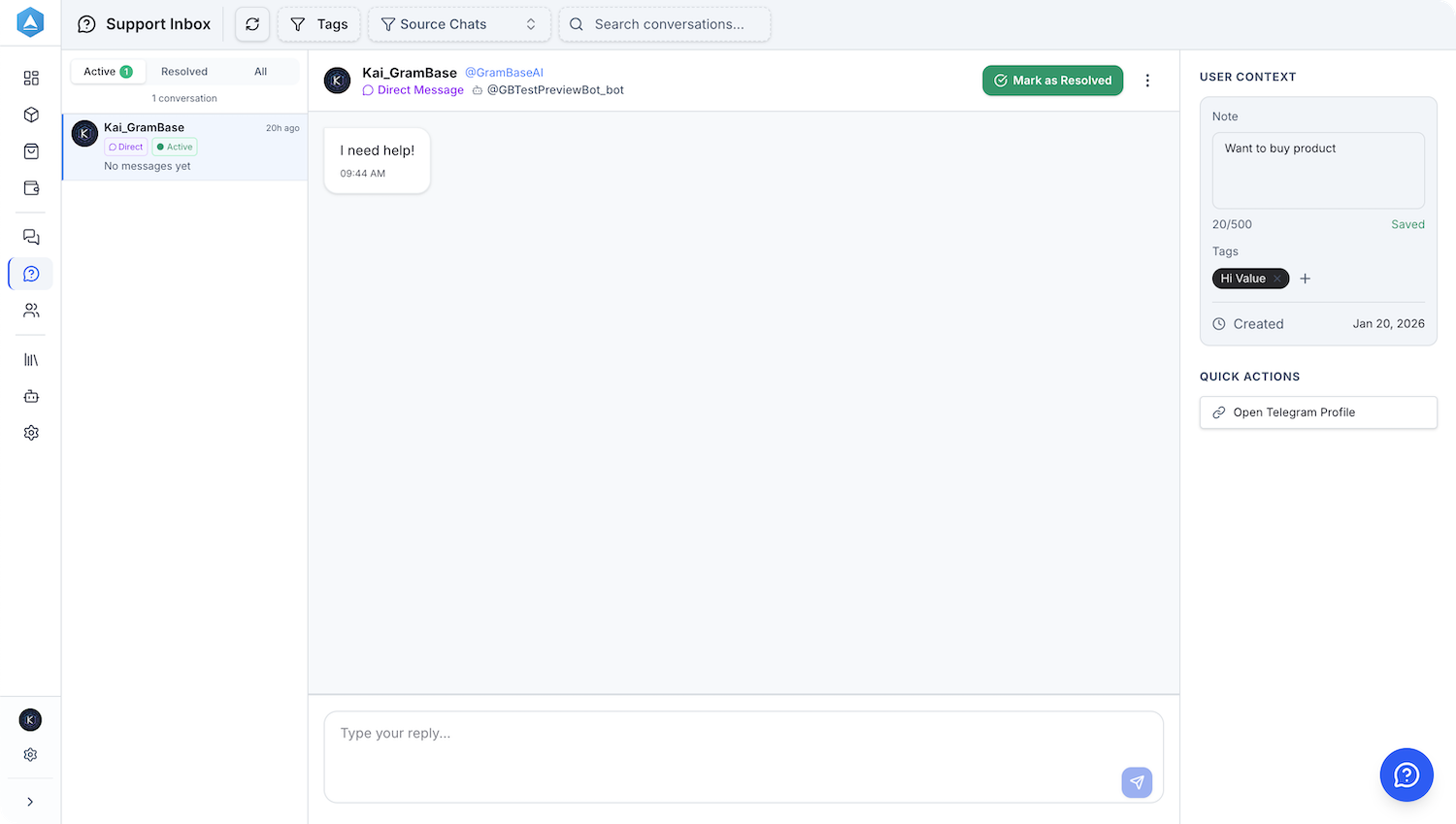 GramBase support inbox showing a bot conversation, user context, notes, tags, and team workflow