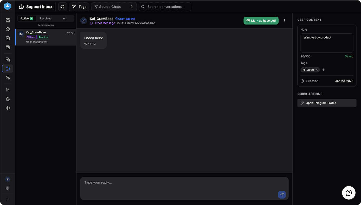 GramBase support inbox showing a bot conversation, user context, notes, tags, and team workflow